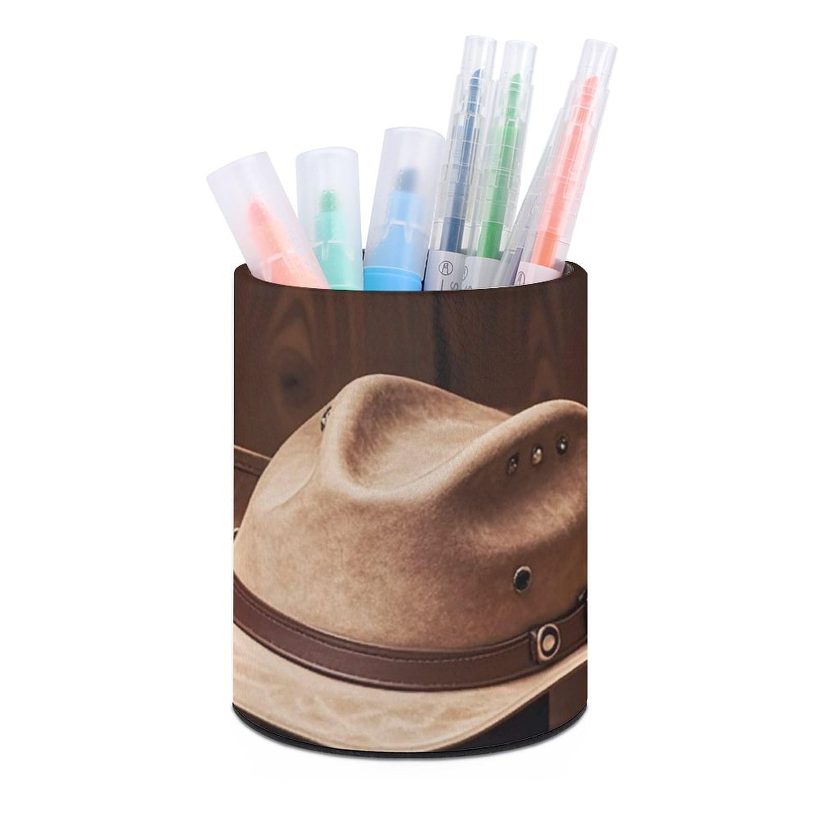 FekiLoot PU Leather Round Pen Holder Cowboy Black Hat Western Boots Pencil Holder Desk Organizer Pen Organizer Pen Cup Pencil Cup Caddy Desktop Stationery Organizers for Office Home Supplies