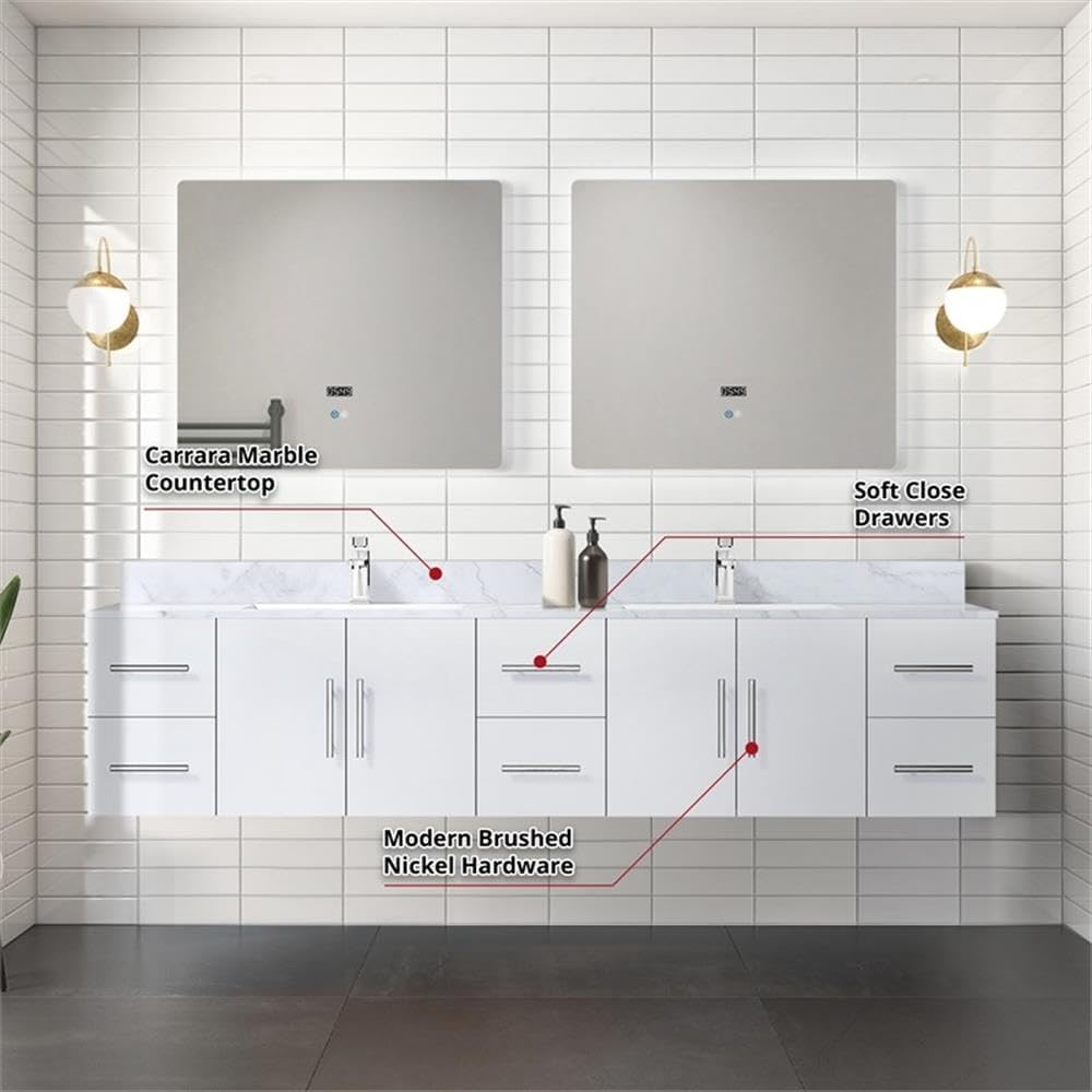 Home Geneva 84" Carrara Marble Top Double Vanity in Glossy White