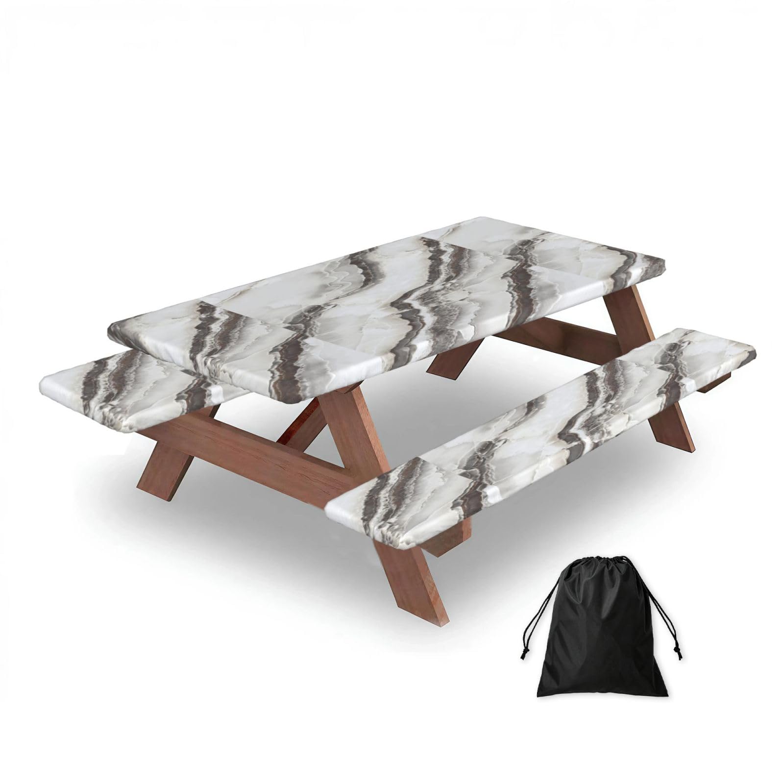 Natural Granite Marble, Picnic Table Cover With Bench Covers -Waterproof Elastic Fitted Tablecloth for Garden Camping Patio 76x152cm