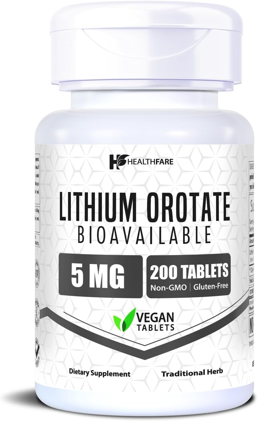 HealthFare Lithium Orotate 5mg | 200 Tablets | Trace Mineral Supplement | Vegetarian, Non-GMO, Gluten-Free | Made in The USA
