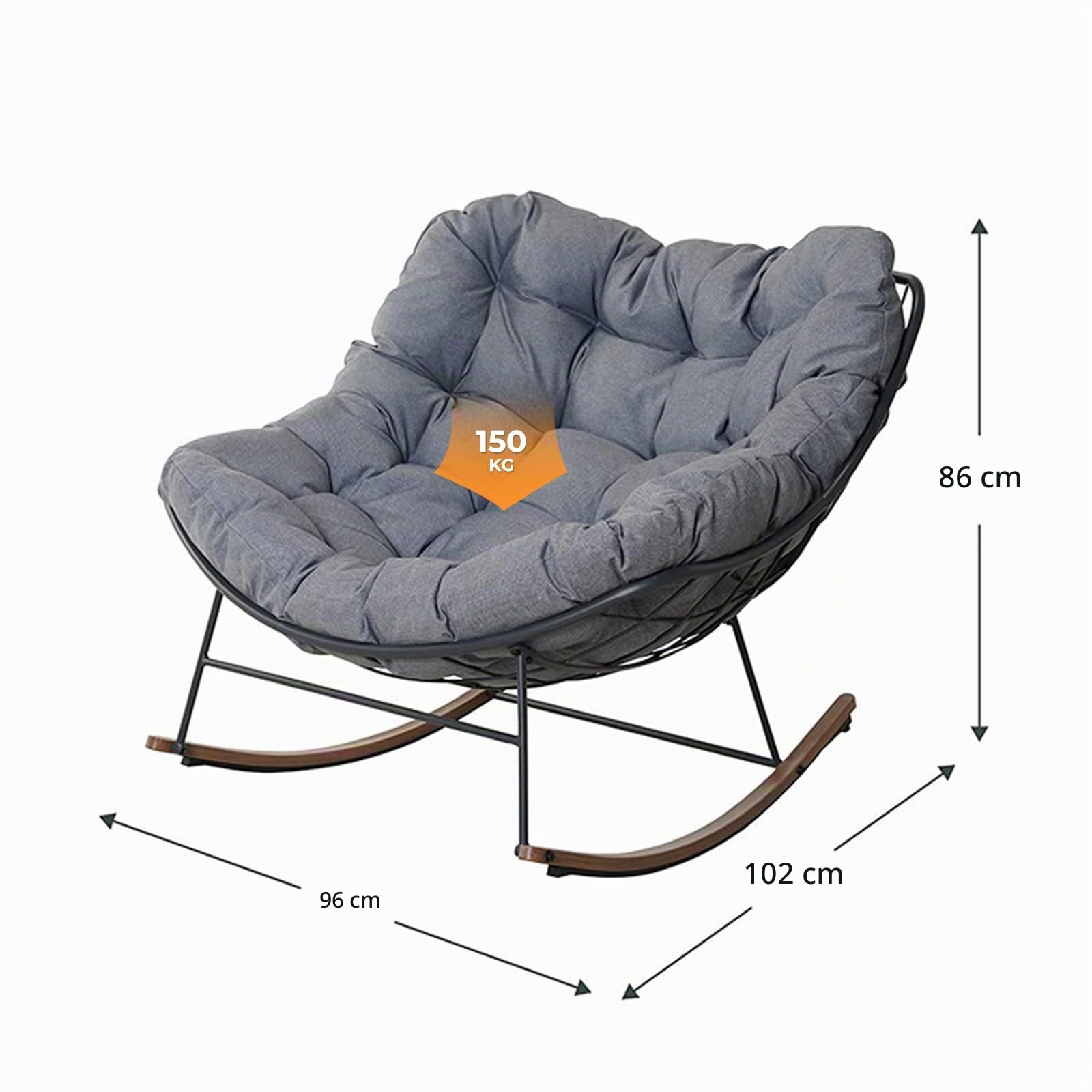Grand patio Mecedora para jardín, columpio, salón, silla de relax con acolchado, soporta hasta 150 kg, para jardín, dormitorio, salón, esquina, porche, gris claro