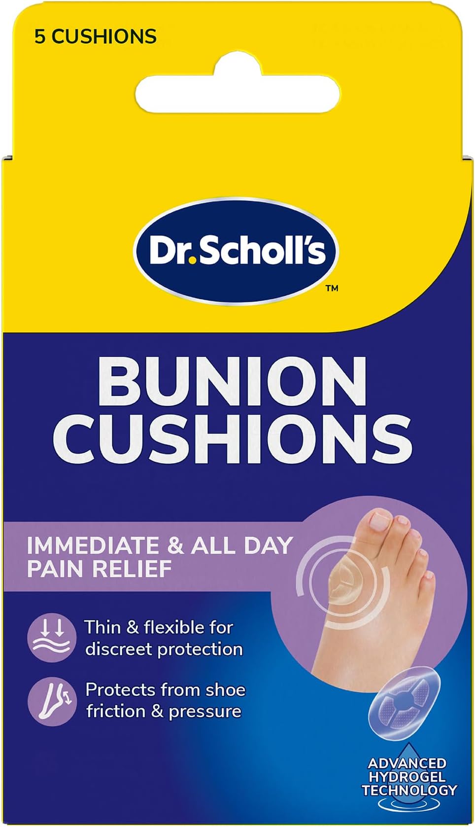 Bunion Cushions with Hydrogel Technology, Pack of 5 - Immediate, All-Day Bunion Pain Relief, Bunion Pads, Bunion Protector, Protects from Shoe Friction and Pressure, Thin, Flexible