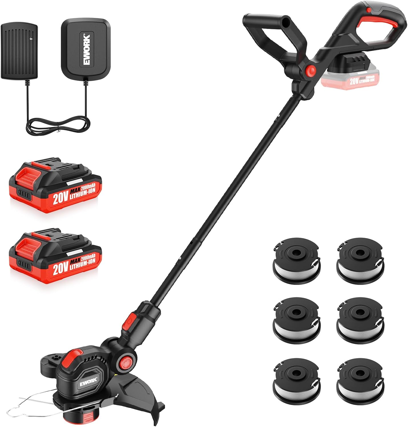 EWORK Weed Wacker Cordless 20V 12-Inch Weed Eater Battery Powered with 2×2.0Ah Batteries & Fast Charger Electric Weed Trimmer, Lightweight String Trimmer for Lawn Trimmer and Grass Edger Cutter