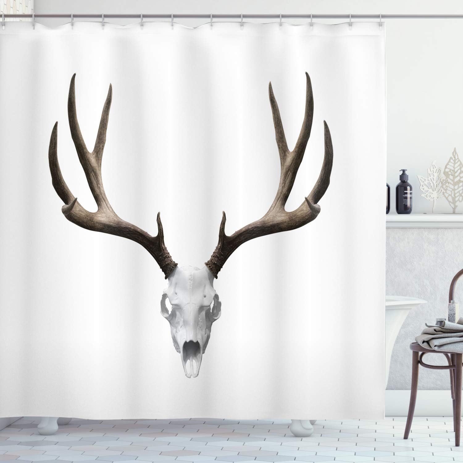 Ambesonne Antlers Shower Curtain, Deer Skull Skeleton Head Bone Halloween Weathered Hunter Theme Motif, Cloth Fabric Bathroom Decor Set with Hooks, 69" W x 70" L, Taupe Grey