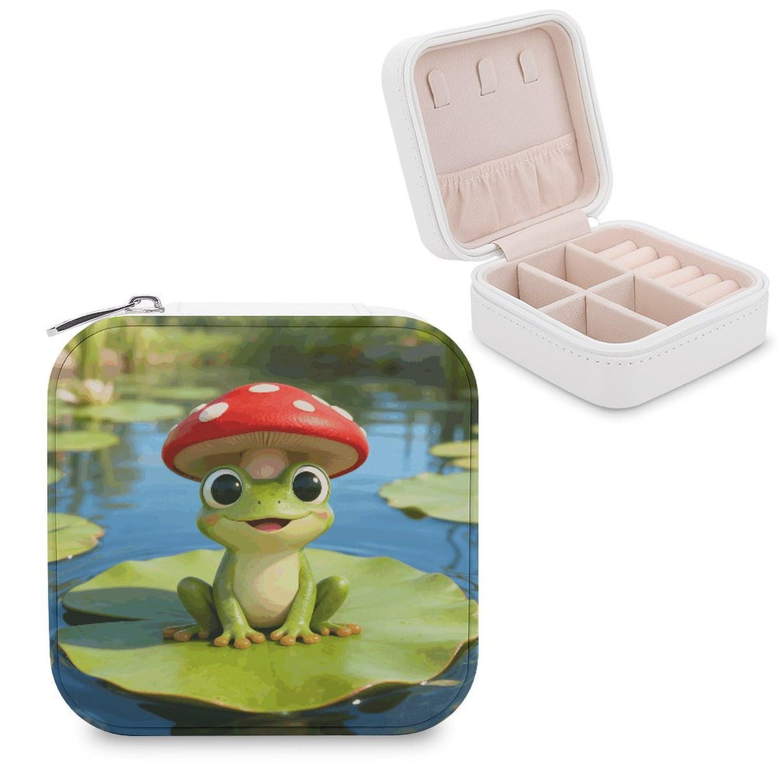 LZQPOEAS Cute Frog Red Mushroom Jewelry Box, PU Patterned Storage Case, Portable Travel Jewelry Organizer Box for Storing Rings, Pendants, Earrings, Necklaces, And Women's Specialized