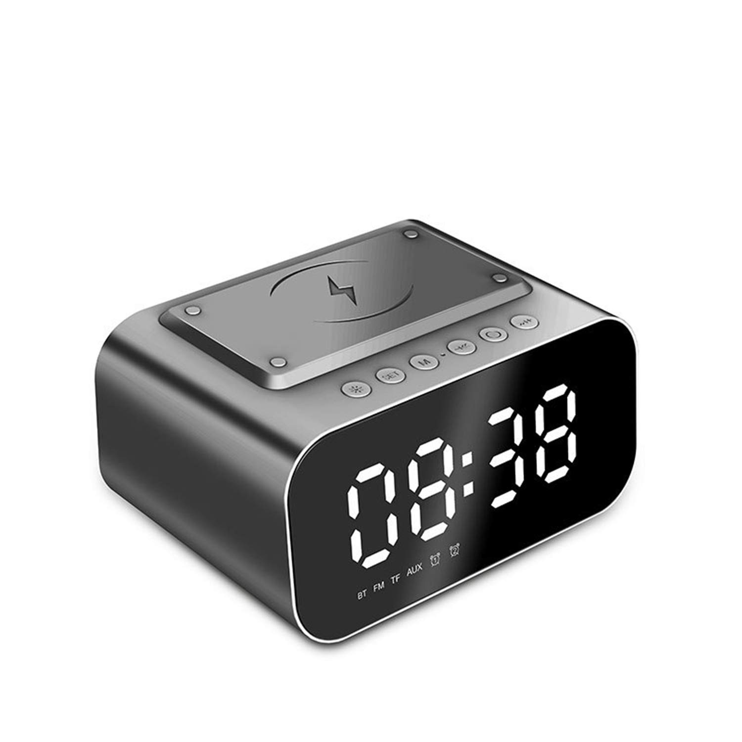 MYMM LED Digital Alarm Clock, USB Wireless Charging, Bluetooth Speaker, Bedroom Sleep Timer, Adjustable Volume, Nap, 12/24H (Black)