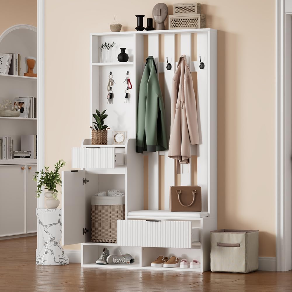 Ensemble multifonctionnel de rangement 100*30*180cm, Porte-manteau avec 8 crochets, banc à chaussures et étagère, dispositif anti-basculement, porte-manteau compact avec tiroirs et placard, blanc