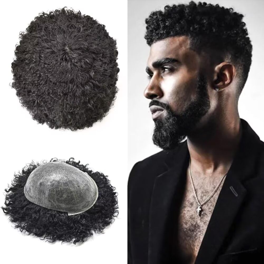 Hair Units For Black Men Brazilian Human Hair Replacement System Afro Coily Kinky Curly Hair Piece Injection Skin PU African American #1B Off Black Afro Wave 6mm
