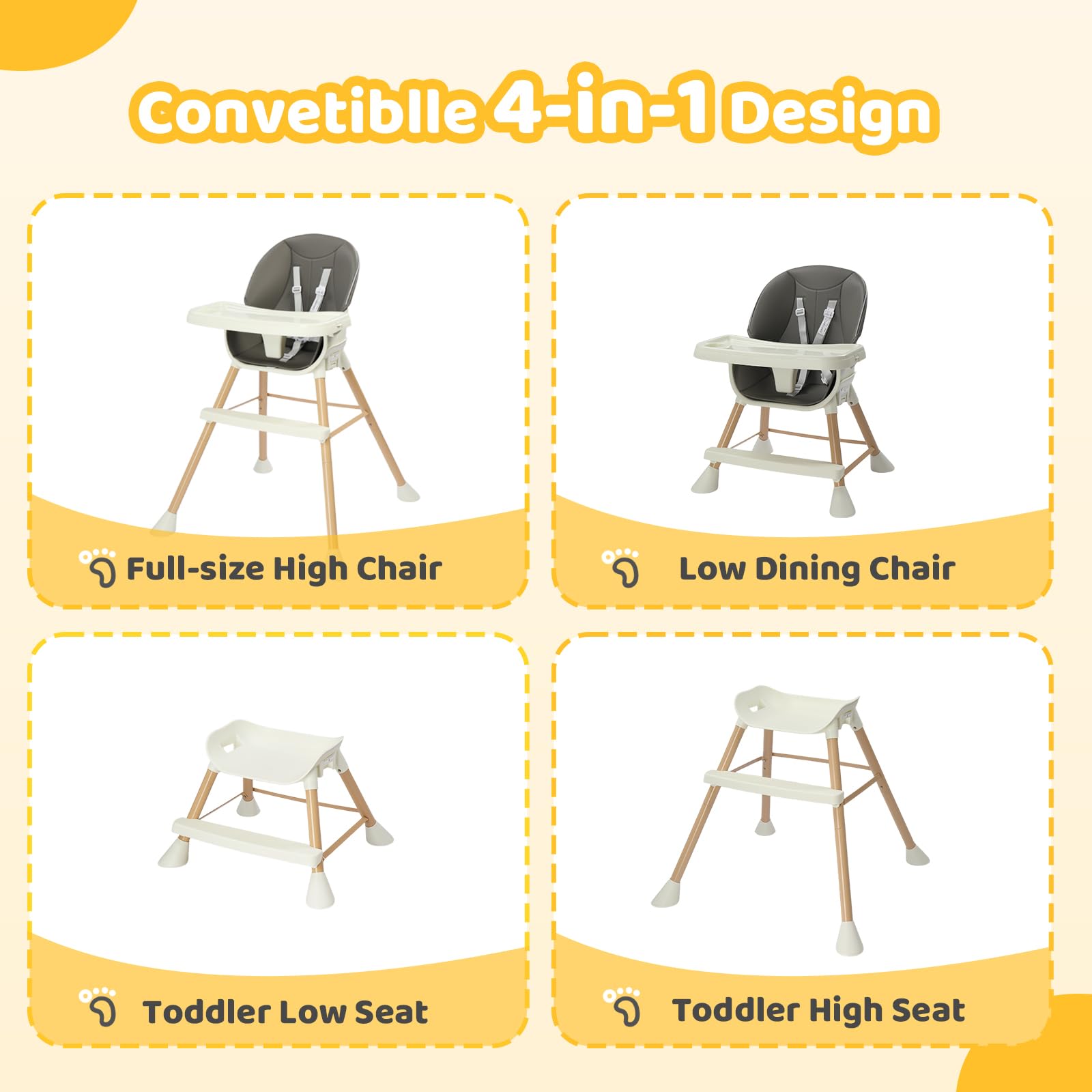 BONNLO Chaise Haute Bébé Évolutive, Pieds Fixes, Structure Renforcée, 4 KG Léger, 68x68x93cm, Réglable en Hauteur, Ceinture 5 Points, Fixation sur Chaise Adulte, Nettoyage Facile (Gris foncé)