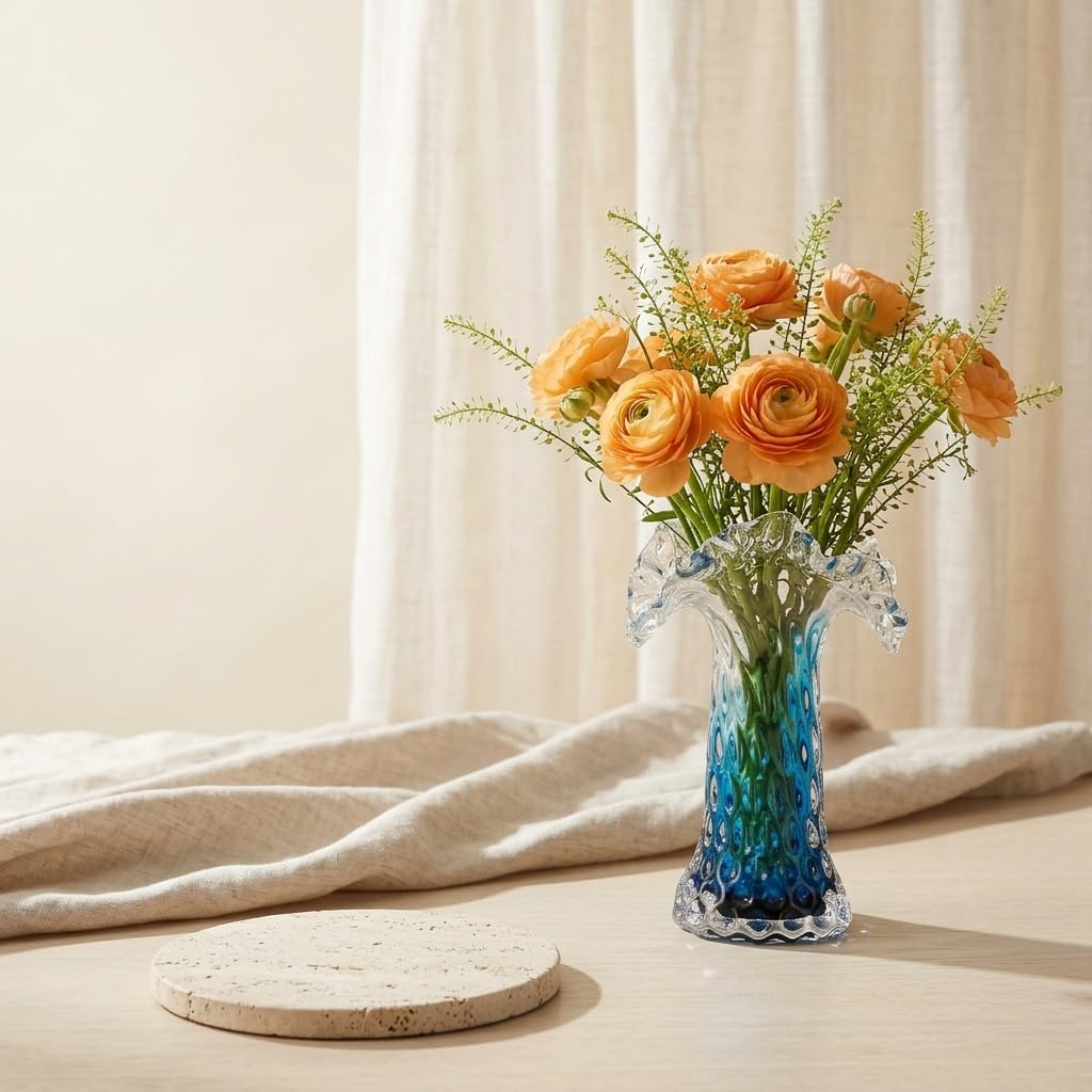ok. 19,5 cm ręcznie dmuchany szklany wazon na kwiaty, niebieski wazon ombre z falowaną krawędzią lotosu i wzorem bąbelków, wazon na stół do stylu boho, wiejskiego domu, wybrzeża, salonu, sypialni