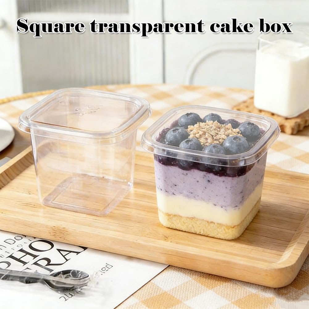 50 bicchieri da dessert in plastica da 360 ml, con coperchio e cucchiaio, riutilizzabili, trasparenti, quadrati, per la casa, dessert, budino, mousse, gelato, feste, matrimoni