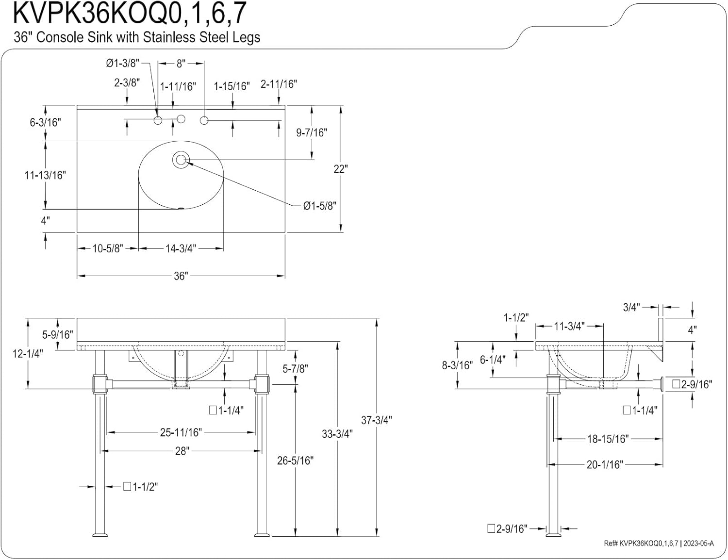 Kingston Brass KVPK36KOQ7 Monarch 36" Black Granite Console Sink with Stainless Steel Legs, Black Granite/Brushed Brass