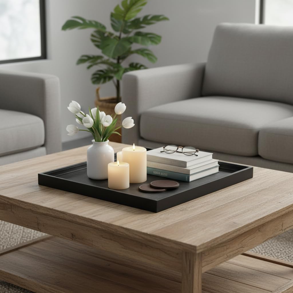 Quadratisches Ottoman-Tablett, 50,8 x 50,8 cm, Kunstleder, großes Serviertablett für Couch/Couchtisch, Familienessen, Picknick, Party-Dekoration (schwarz)