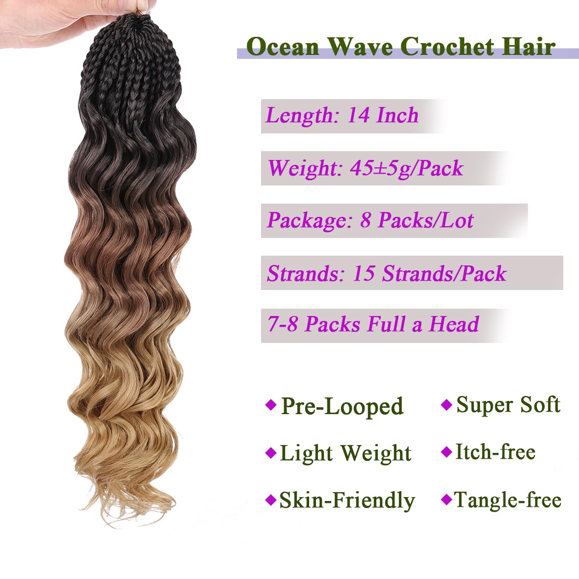 Kachanaa 14 Inch Pre Looped Ocean Wave Crochet Hair 8 Pack Curly Boho Ocean Braids Ombre Pre Twisted Synthetic Deep Wavy Twist Hair 1B3027# - Image 3