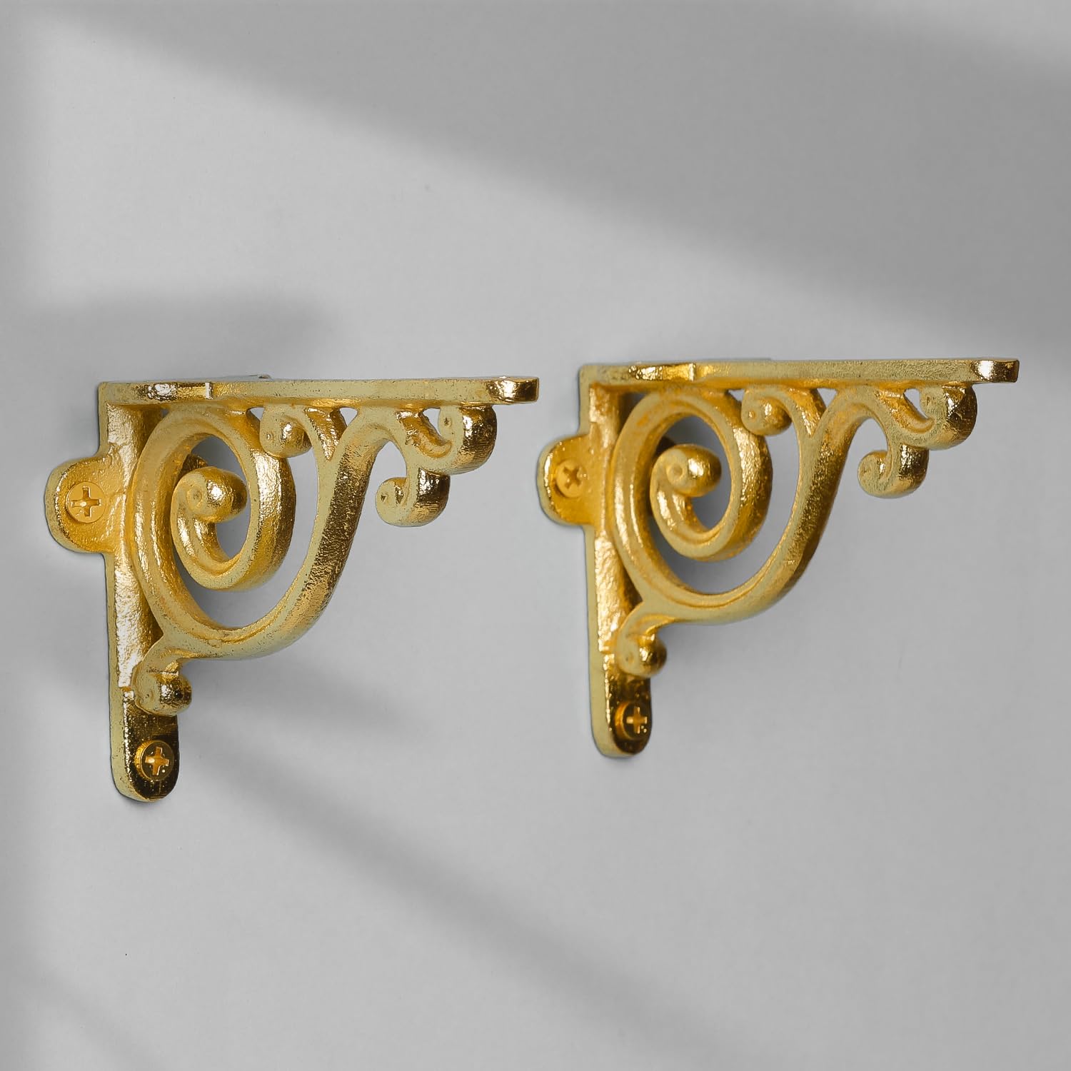 CASADECOR Metal Golden Victorian Swirl Wall Bracket Set - Pack of 2 | Wall Plant Hanger | Plank Holder for Walls | Indoor & Outdoor Shelf Bracket for Home & Office | Easy-Installation 2