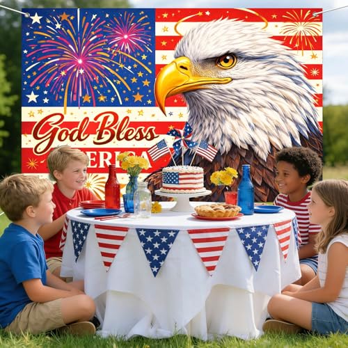 Image of IVN Patriotic Eagle Banner 71x43 Inch 4th of July Veterans Day Memorial God | Polyester Patriotic Eagle 4th of July Veterans design for 4th of July Independence Day Memorial Day and Veterans Day decor