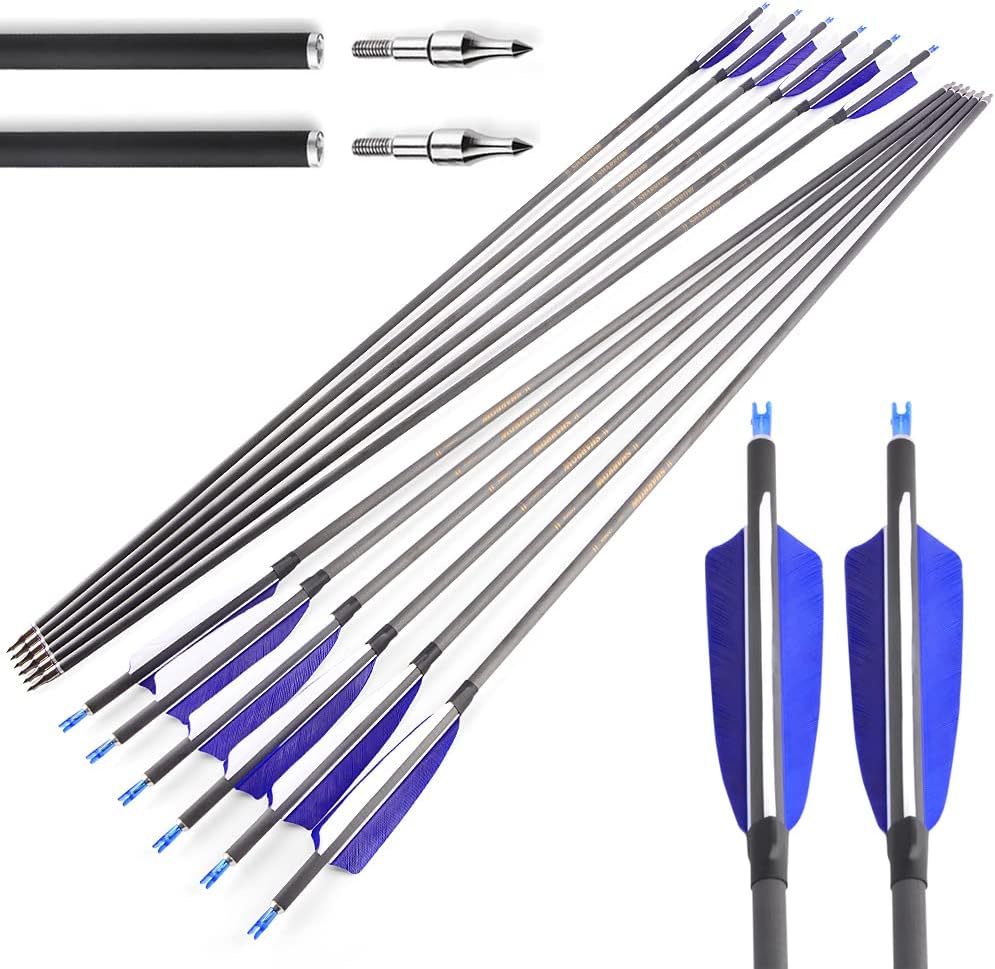 ZSHJGJR 33 inch Archery Carbon Arrows 400 Spine Practice Target Hunting Arrows for Recurve Bow Compound Bow with Removable Tips 6/12pcs