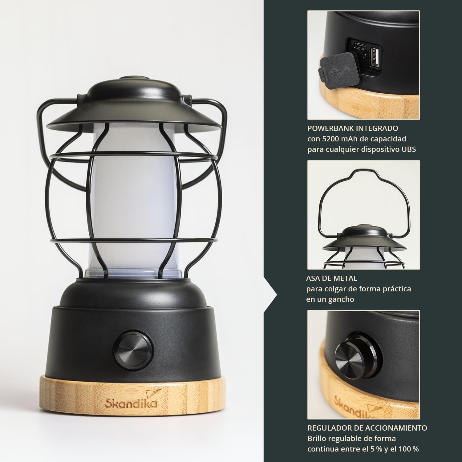 Skandika Lámpara LED Kiruna Jord | lámpara retro de camping para exteriores con power bank, regulable sin escalonamiento, sin cable, recargable, USB, estructura de acero, 200h de autonomía