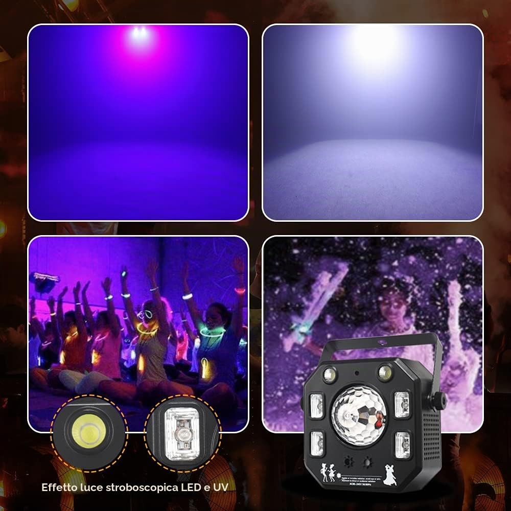 Luci Discoteca DJ Luci, WorldLite Led Luce da Palcoscenico 4-IN-1 con Palla Caleidoscopio Magica, Modelli a LED Luce Stroboscopica e Luce UV, Ideale per l'illuminazione di Palcoscenici e DJ Luci Feste