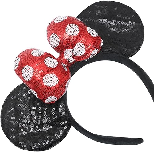 Miniatura 2 de JIAHANG Orejas de ratón 3D con lazo de lentejuelas con diadema de lunares, diadema ancha de terciopelo, decoración de fiesta, disfraces, accesorios