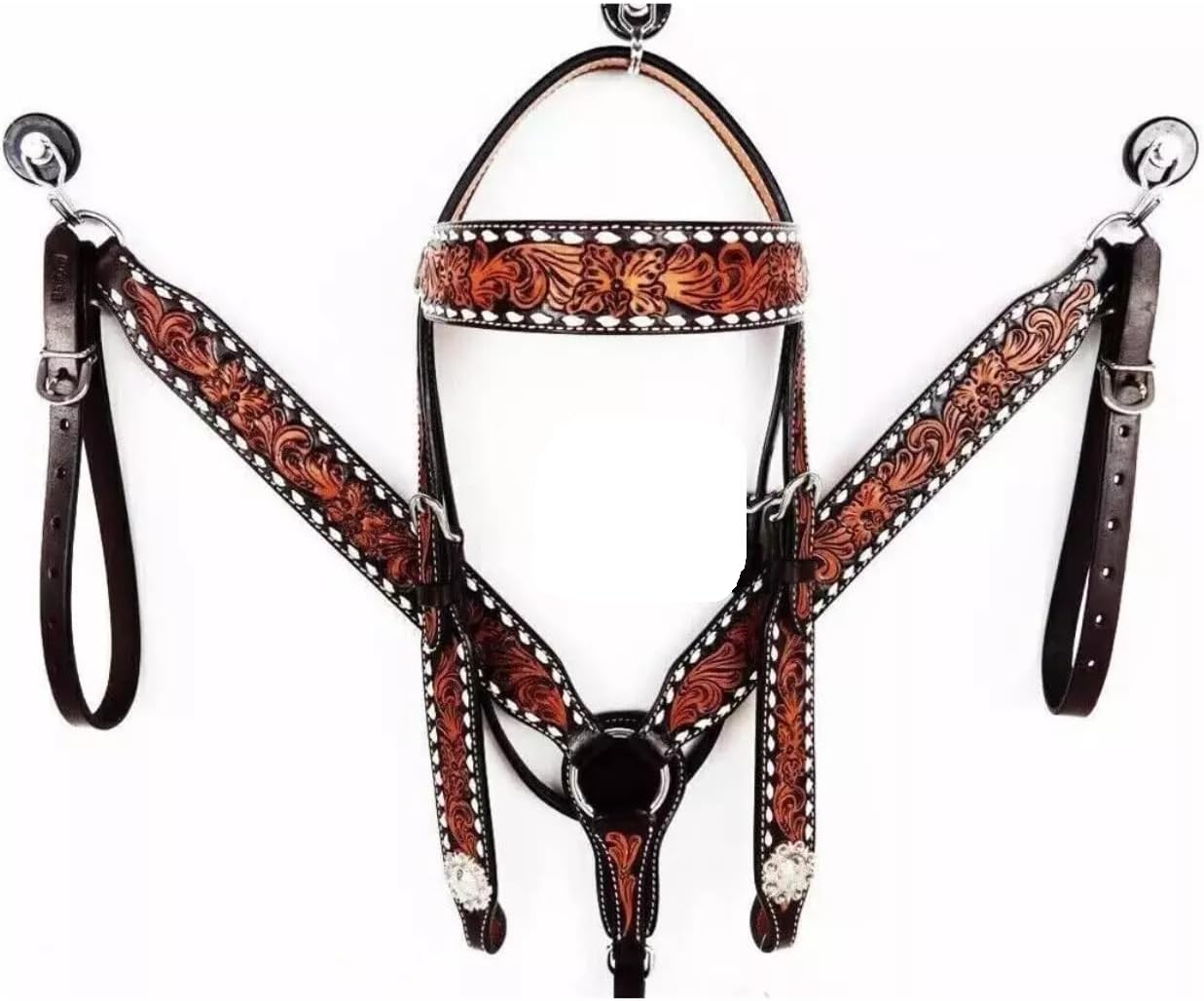 Western Leather Hand Tooled Headstall and Breast Collar Set with Reins. /Size-Full,Cob,Pony AO-938
