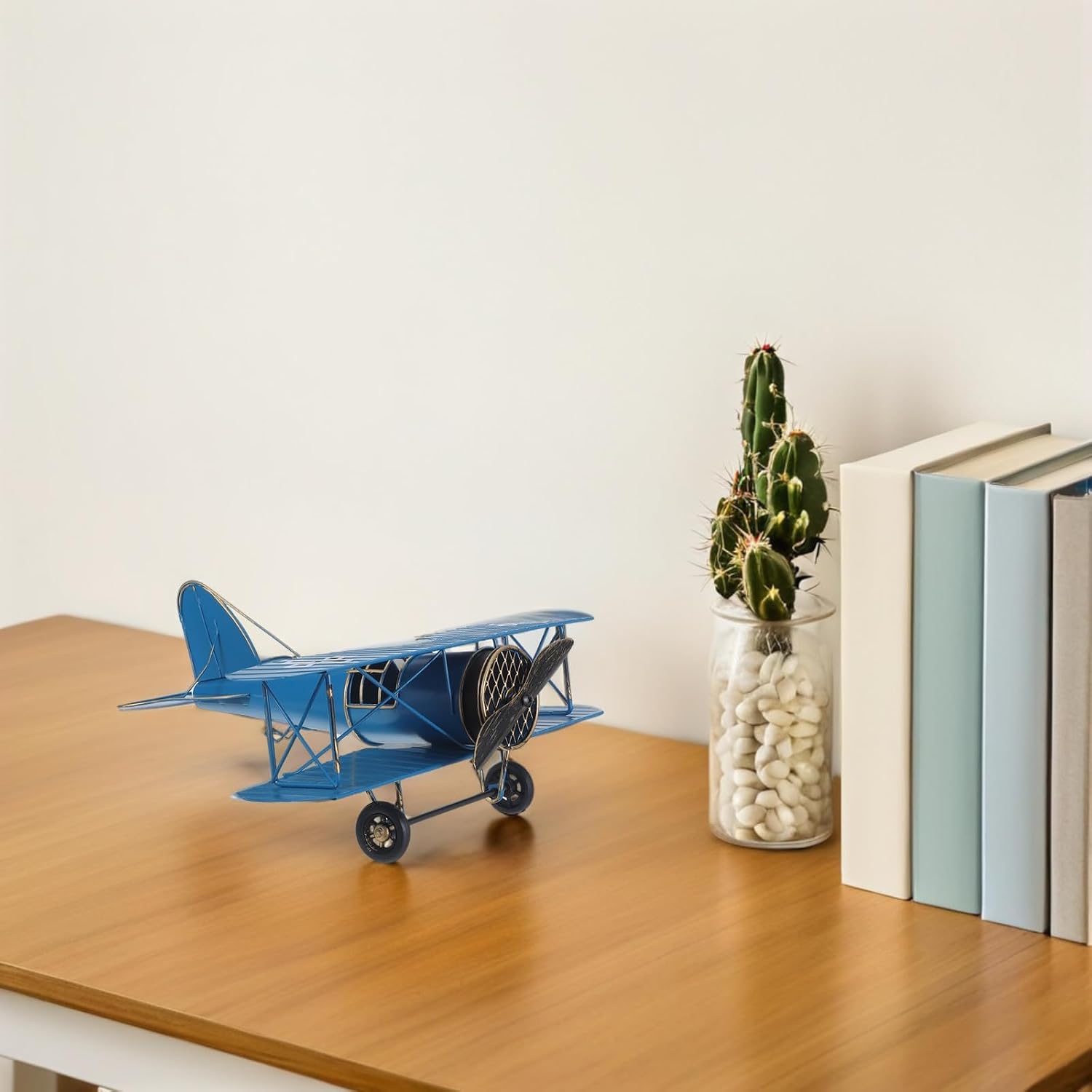 LOGOFUN Vintage Metal Biplane Model Retro Iron Aircraft Ornament Glider Airplane Figurine for Home Office and Photo Props Tree Hanging Decor - Blue