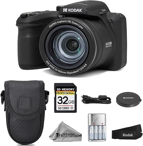 Kodak PIXPRO AZ405 - Cámara digital (negro), zoom óptico 40X, 20MP, video de 1080p, tarjeta SD de 32 GB, baterías AA extra recargables, cargador de