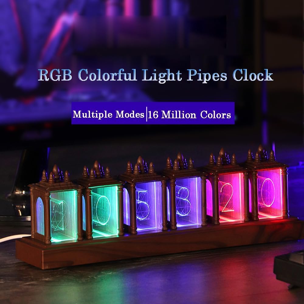 Nixie Nussholz Digitale Röhrenuhr, 12/24 Stunden Alarm und Anzeige, Einstellbare Helligkeit und RGB Farbnachtlicht, Schreibtischmontage für Freund Weihnachten Geburtstag