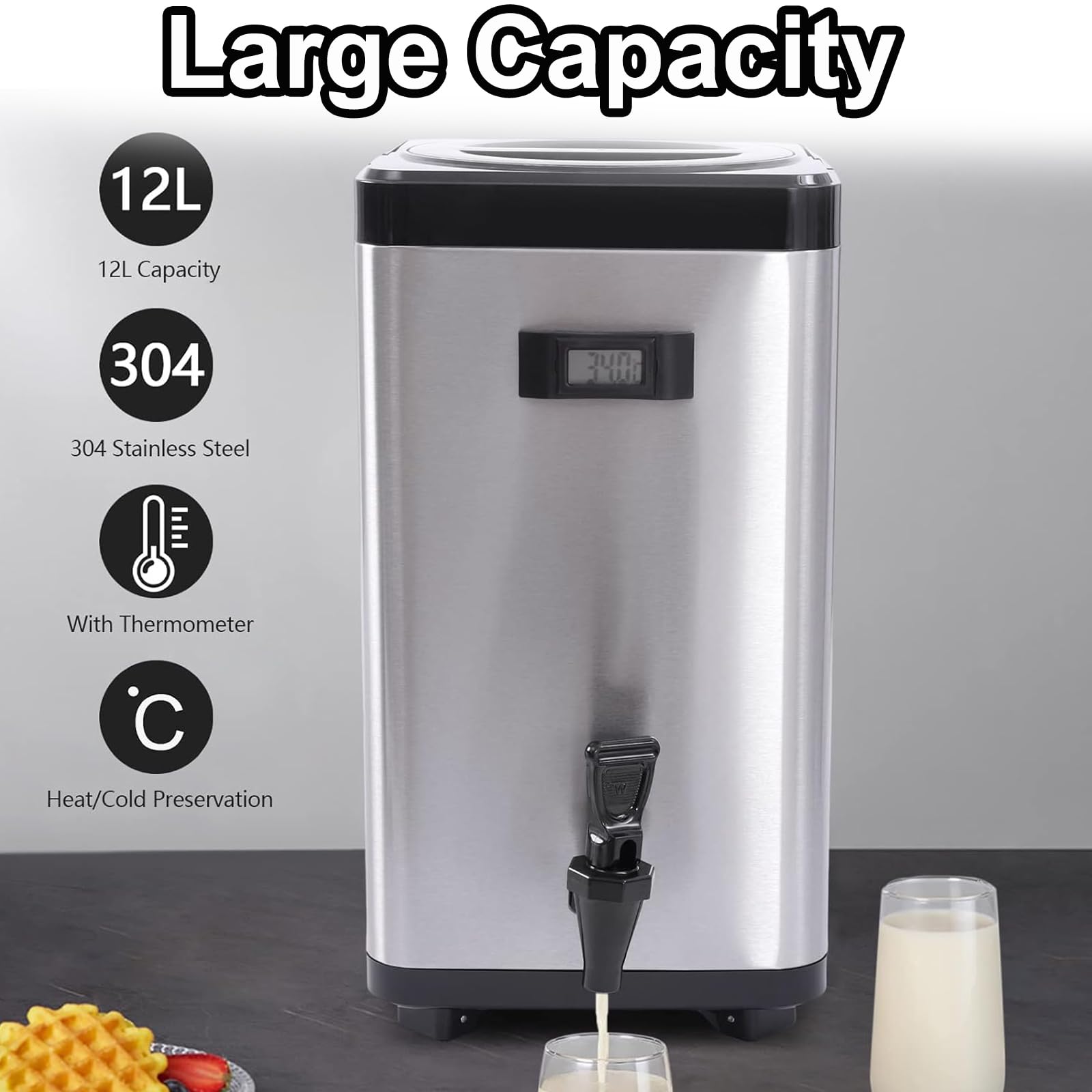Distributore termico per bevande, in acciaio inox, per bevande calde e fredde con beccuccio, capacità 12 l, per tè, caffè, acqua, ideale per feste, picnic all'aperto, buffet