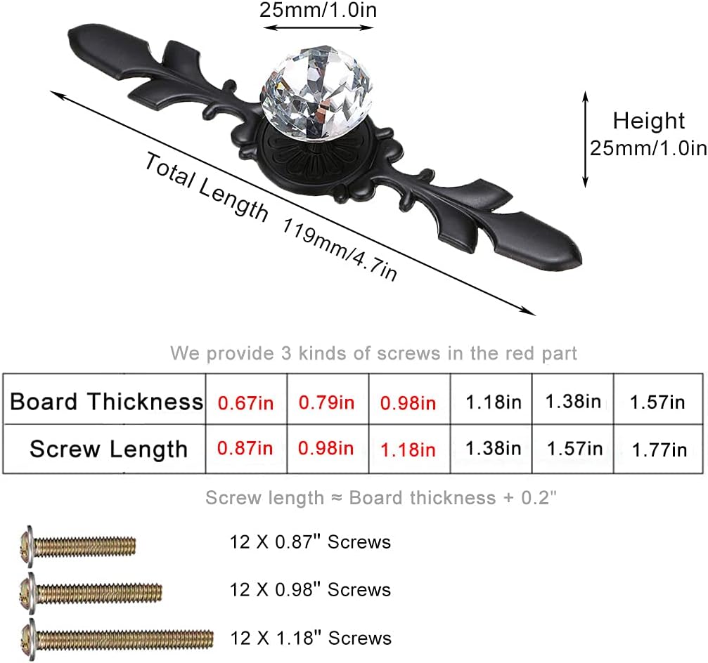 12 Pack Black Diamond Clear Crystal Glass Decorative Knobs with Plate,Drawer Dresser Knobs Pulls Handles with 3 Kinds of Screws for Kitchen Bathroom Office (12 Pack, Small, Black)