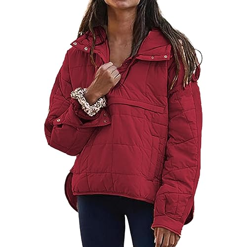 Kubbon Women's Quilted Pullover Puffer Jacket Oversized Long Sleeve Hooded Coats Winter Warm Lightweight Outwear with Pocket