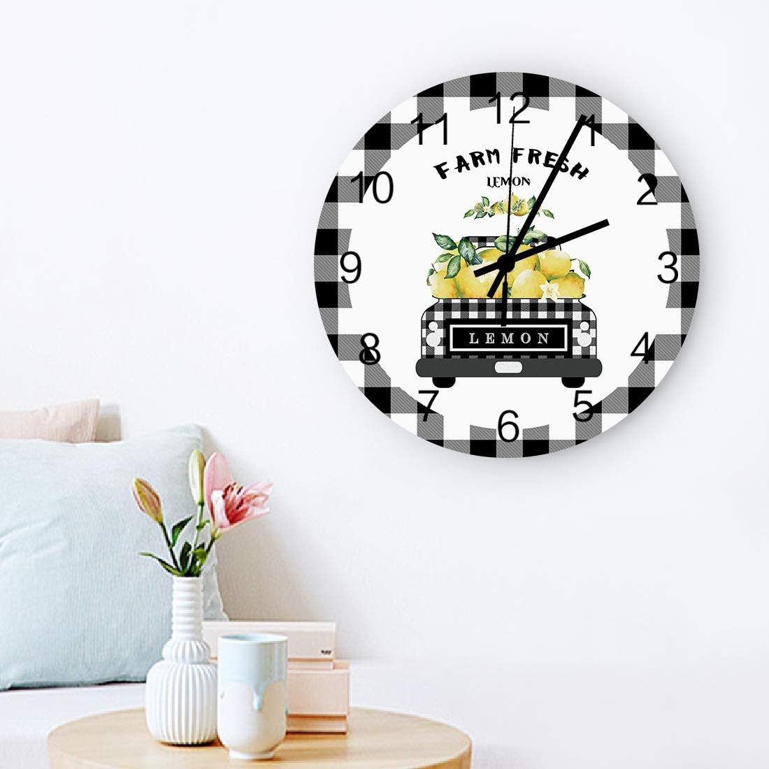 12 Inch Wall Clock Silent Bedroom Wall Clock Black White Plaid Background Buffalo Check Truck Lemon Modern Rustic Clocks for Walls Decor Round Clock for Kitchen/Bathroom/School/Office 12x12inch