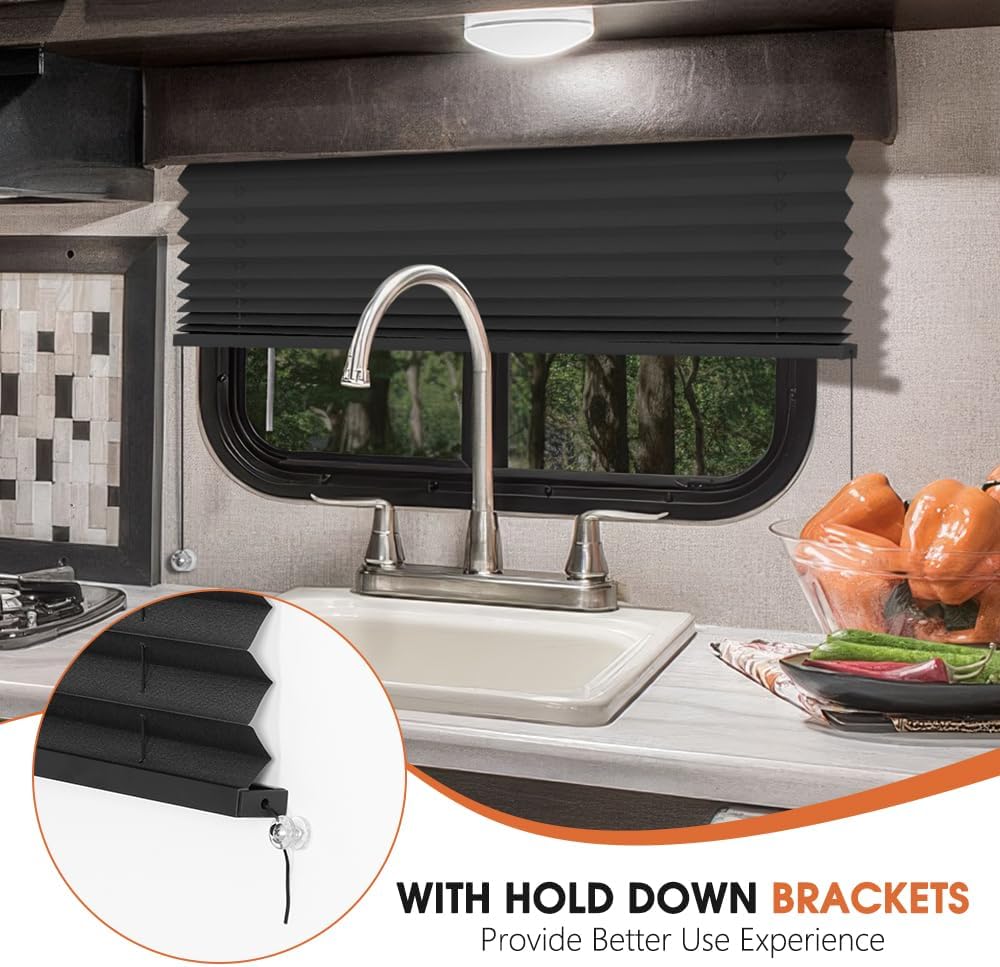 SEEYE RV Blinds, Blackout RV Curtains for Camper Window 32'' W * 24'' L RV Pleated Shades Camper Blinds with Aluminum Foil, RV Accessories Window Coverings for Travel Trailer Window Shade, Black