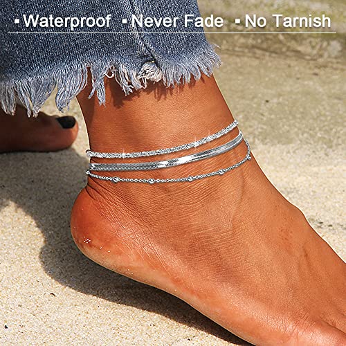Image of Ankle Bracelets for Women,18K Gold Plated Layered Beads Snake Chain Anklet for Women,Summer Beach Dainty Anklets Foot Jewelry Gift
