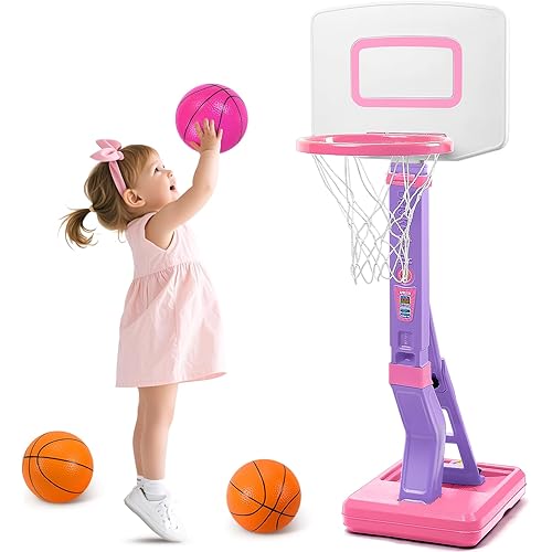 SUPER JOY Toddler Pink Basketball Hoop for Kids 1-3,2-4 5 Years Old, Adjustable Mini Hoop Set for Indoor Outdoor Play, Portable Basketball Goal Sports Toys for Little Boys Girls Birthday Gifts
