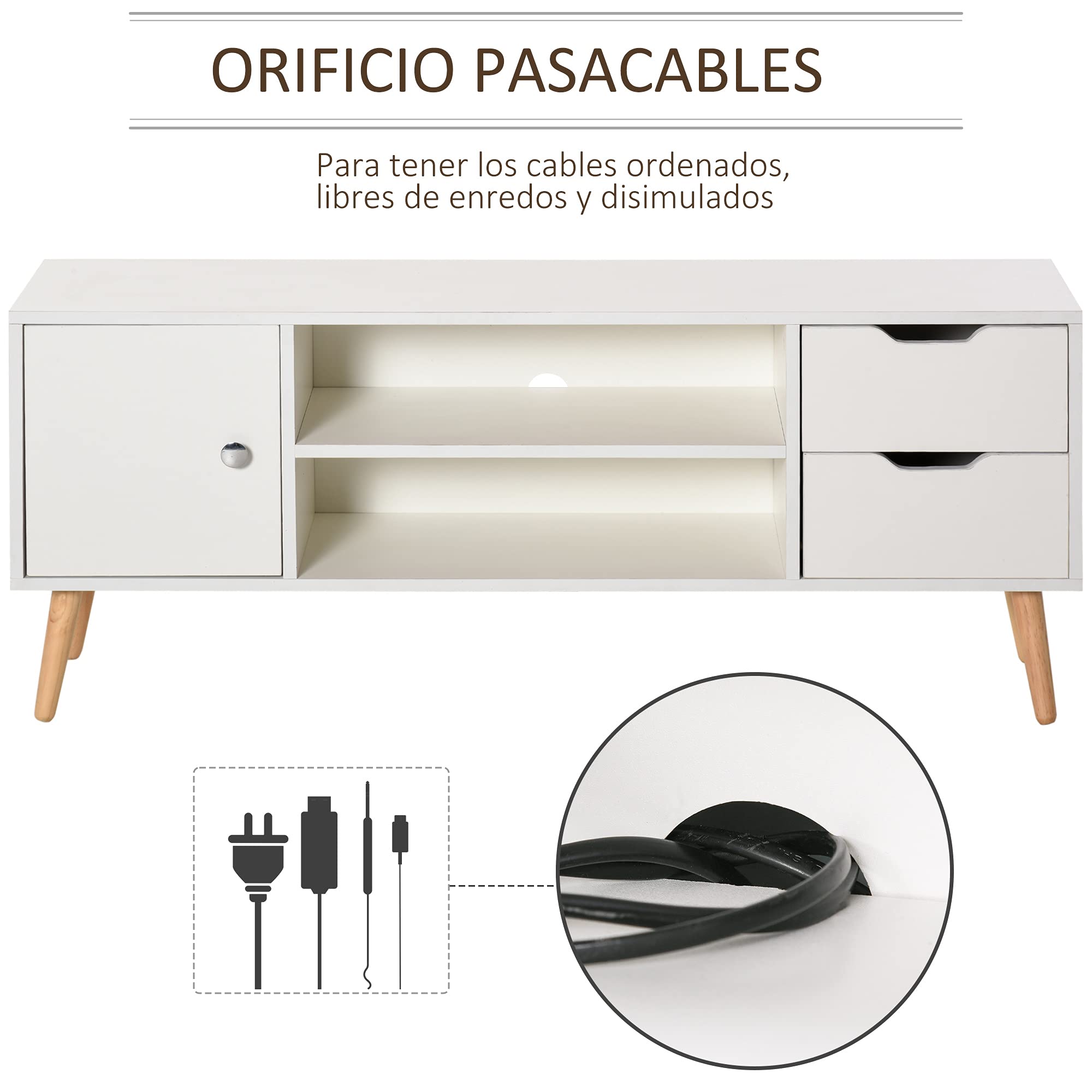 HOMCOM Mueble de TV para Televisiones de 50" Mesa de Salón Moderno con Puerta 2 Estantes Abiertos y 2 Cajones Carga 30 kg para Dormitorio Sala 120x28x44 cm Blanco