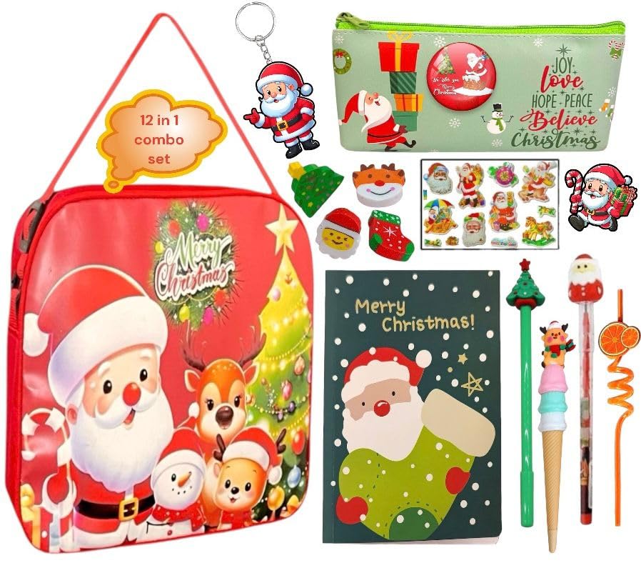 Le Delite Combo Gift Pack of 12 Items Santa Christmas Stationery Set for Kids, Xmas Return Gifts, Sling Bag with Pencil Pouch, Pen, Diary & More