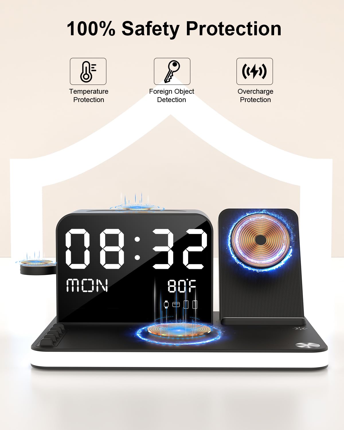 Estación de carga, cargador inalámbrico dual para teléfono 7 en 1 con reloj, base de carga junto a la cama con luz, adaptador de 33W, TimeSync, cargador rápido para iPhone 17 16 15 14 13 12 Pro Max
