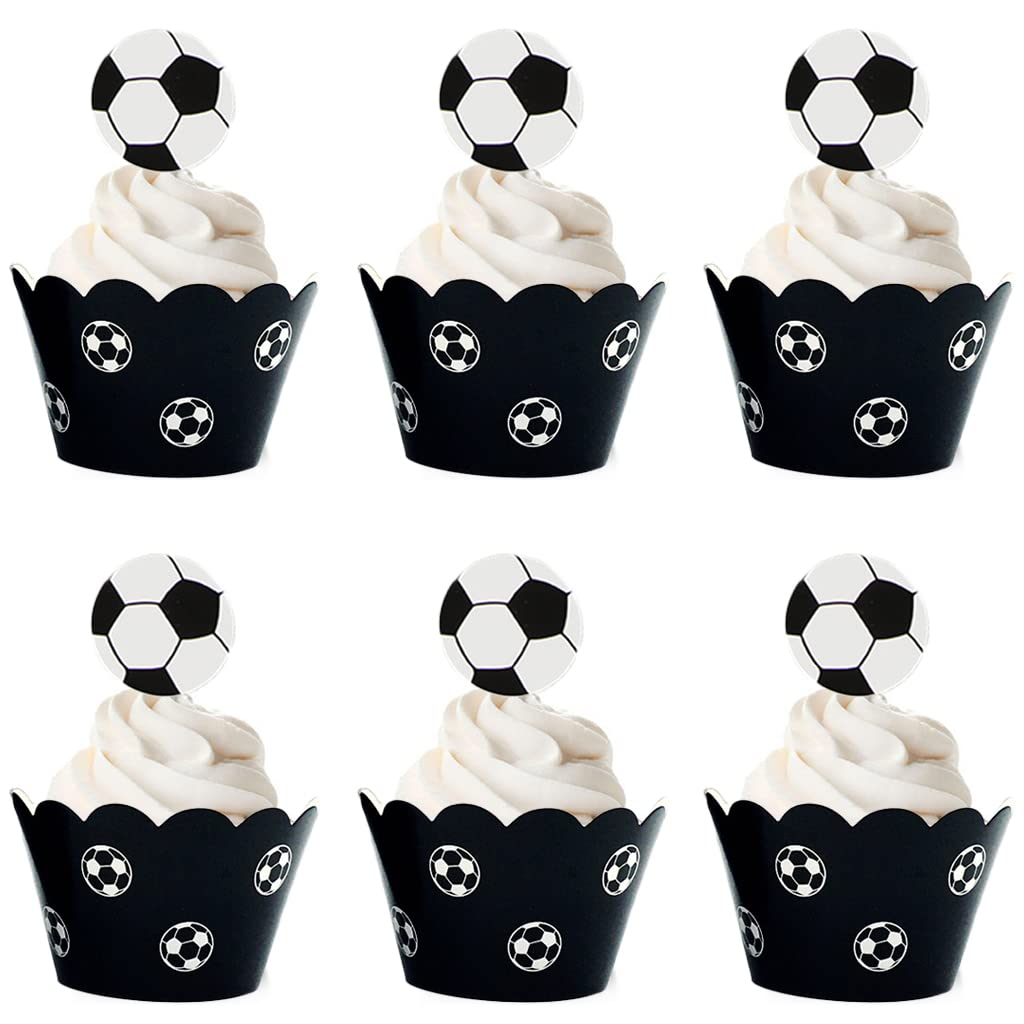 Kawailay 48 PCS Soccer Cupcake Toppers and Wrappers Sport Theme Birthday Party Cupcake Picks Soccer Cupcake Toppers Muffin Cases Wrapping Paper Cake Decor for Sports Party Kids Birthday Party