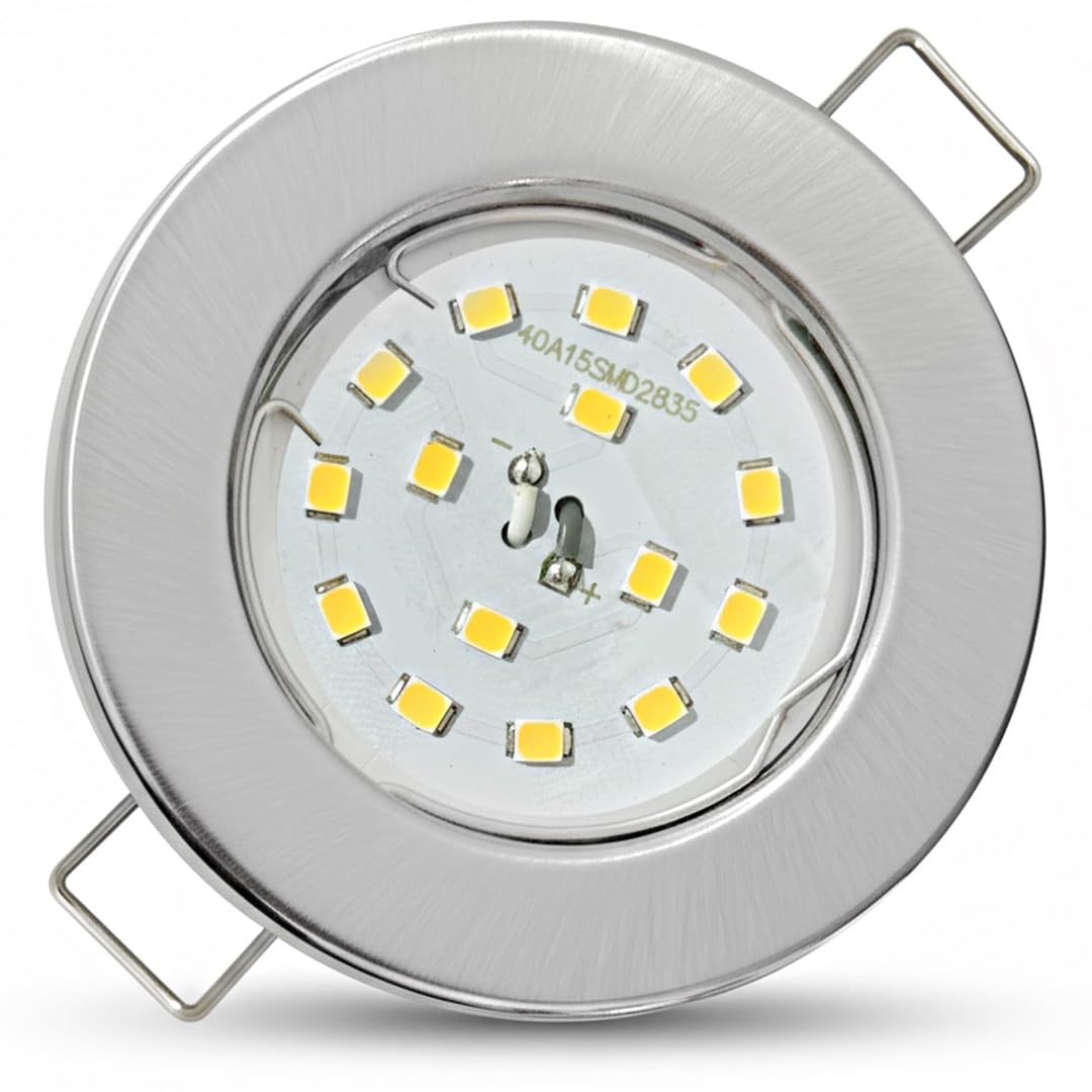 5er Set Flache SMD LED Modul Einbaustrahler | Farbe Edelstahl gebürstet | 5W | 230V | Starr | Klemmring | LED Spots für die Decke mit wenig Einbautiefe | Wohnzimmer | Küche | Schlafzimmer usw.