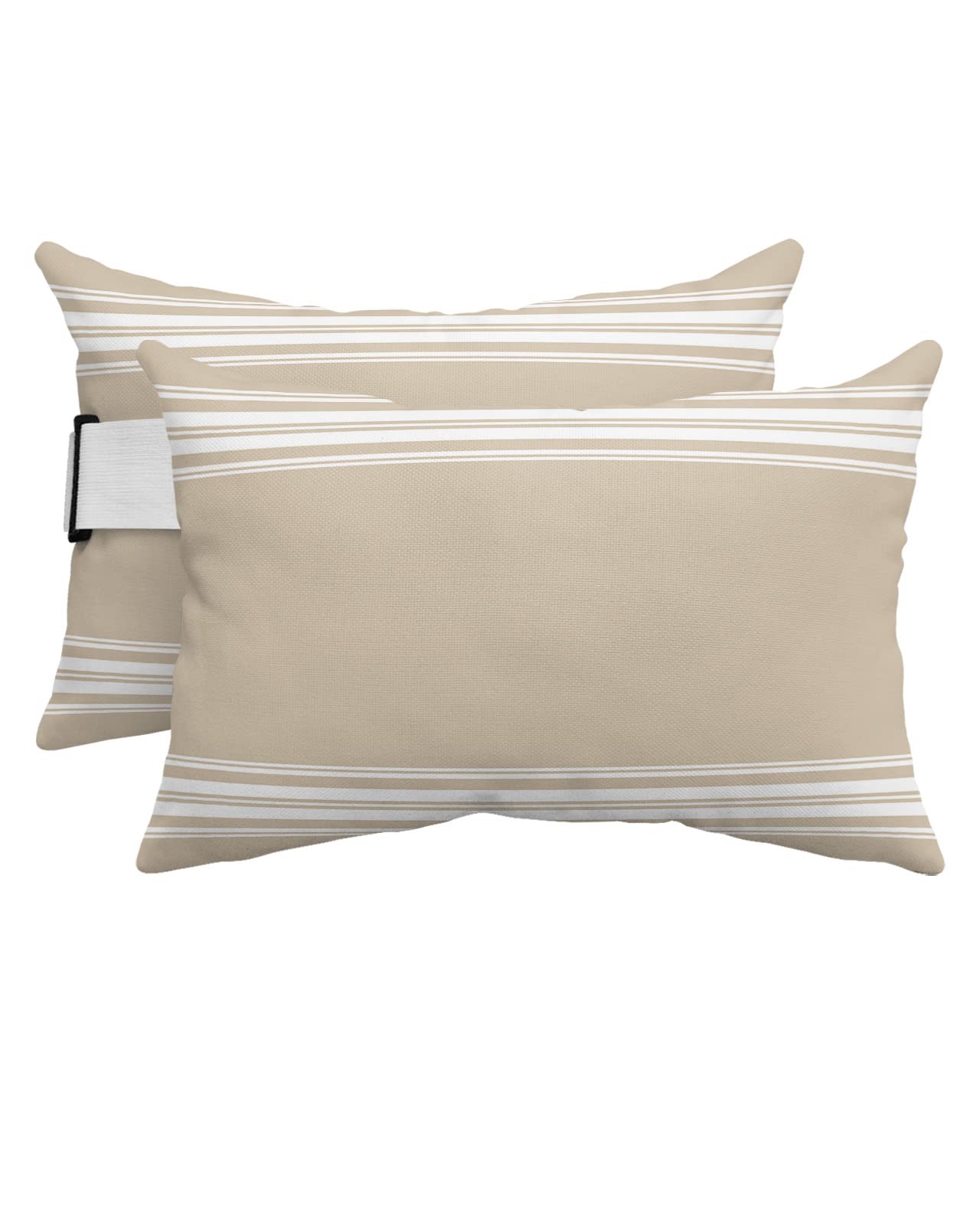Recliner Head Pillow Lounge Chair Pillows with Insert Khaki and White Stripe Lumbar Pillow with Adjustable Strap Outdoor Waterproof Patio Pillows for Couch Beach Pool Office Chair, 2 PCS
