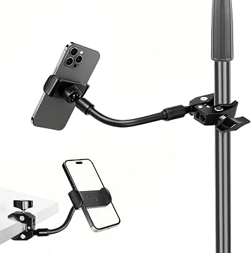 Mic Stand Phone Holder, Aluminum Alloy Clamp Flexible Gooseneck Arm Phone Holder for Microphone Stand Ring Light Tripod Pole Tube Rod Desk Table, for iPhone, Samsung Galaxy, and Any Smartphones