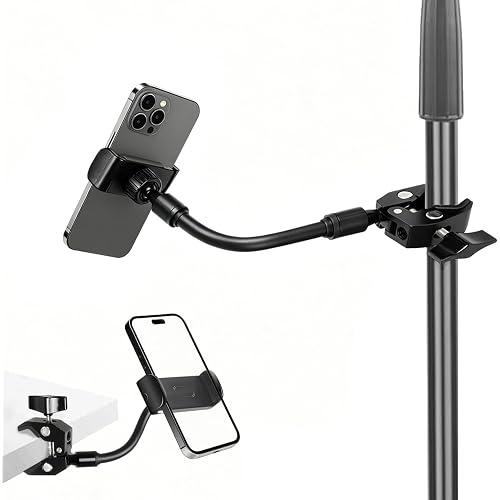 Mic Stand Phone Holder, Aluminum Alloy Clamp Flexible Gooseneck Arm Phone Holder for Microphone Stand Ring Light Tripod Pole Tube Rod Desk Table, for iPhone, Samsung Galaxy, and Any Smartphones