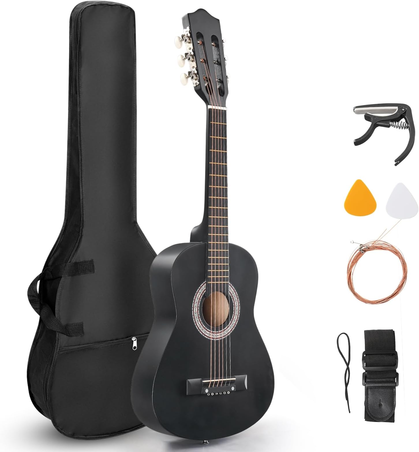 Ktaxon 30 Inch Beginner Acoustic Guitar, 6 String Basswood Classical Guitars Full Kit with Bag, Strap, Picks, Capo for Adults & Players, Black