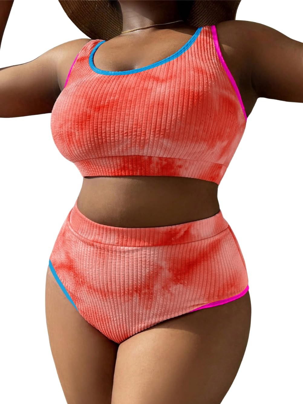 Photo 1 of ShawGobow Plus Size High Waisted Bikini,Tie Dye Color Block Ribbed Swimsuit,2 Piece Bathing Suit for Curvy Women Orange Medium