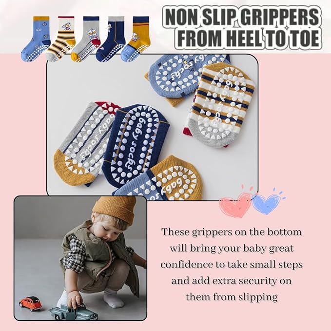 Image of WKLOUYHE Kid's Boy's Cotton Anti Slip Grip Socks(Colors & Print May Vary) (Pack of 5) Multicolour