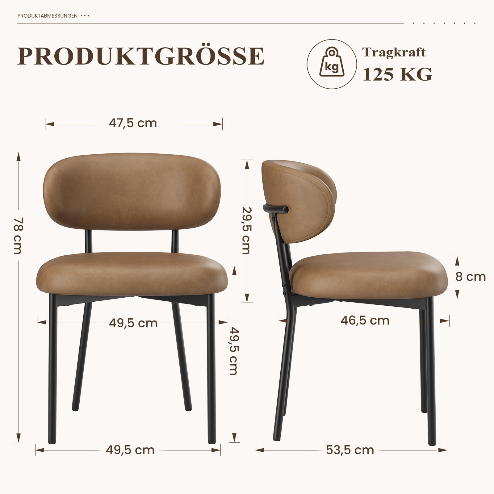 MALOL Set di 4 sedie da pranzo imbottite, moderne in pelle PU, schienale curvo, seduta imbottita, gambe in metallo robuste, sedie di design per cucina, sala da pranzo, soggiorno, marrone