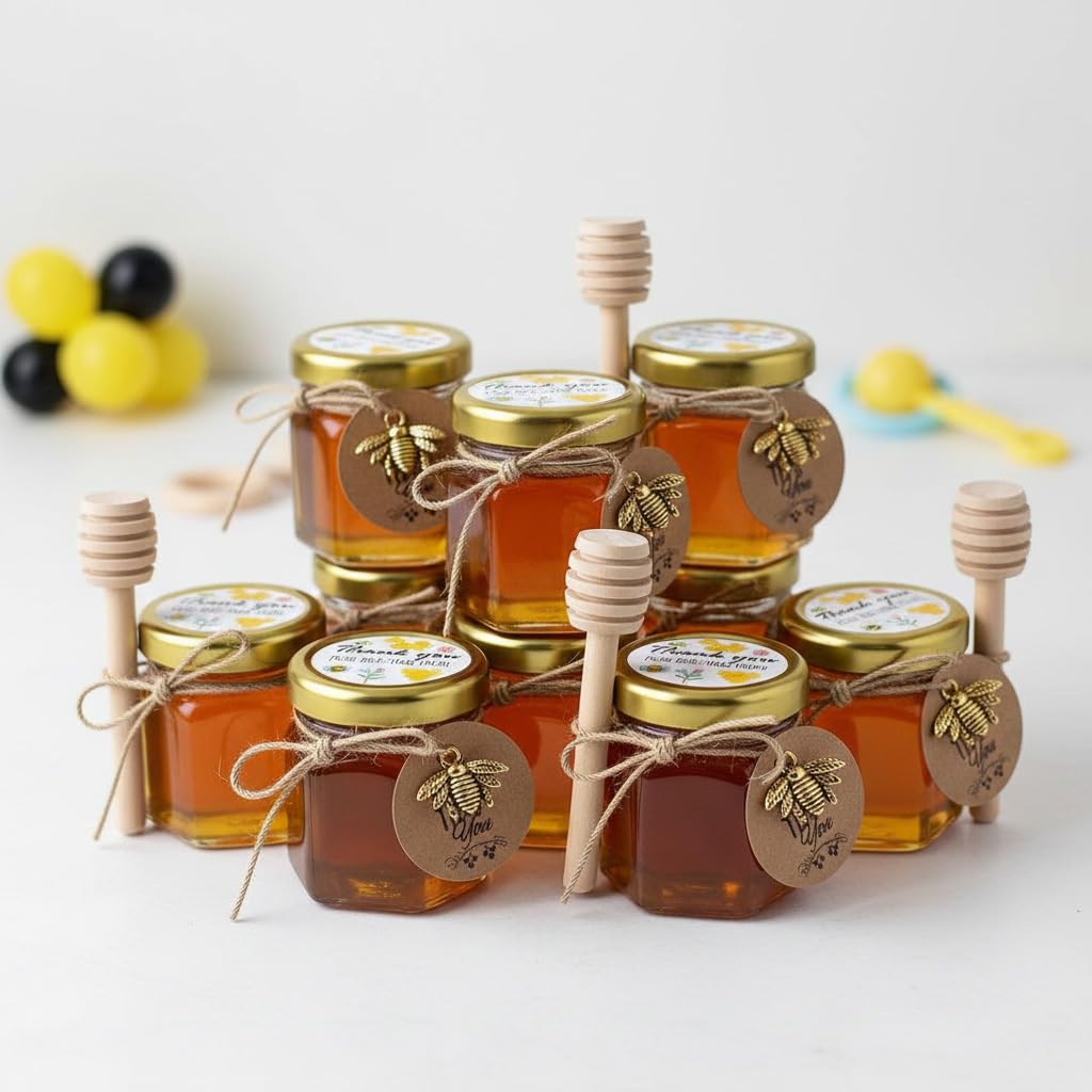 Paquete de 40 Tarros de Miel de Vidrio Con Gotero - Para Baby Shower, Boda y Fiesta - Tapas Doradas, Colgantes de Abeja, Yutes y Tarjetas