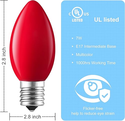 Miniatura 3 de Brightown Paquete de 25 bombillas incandescentes C9, bombillas multicolor C9 de repuesto para luces de Navidad, base intermedia E17, 7 W