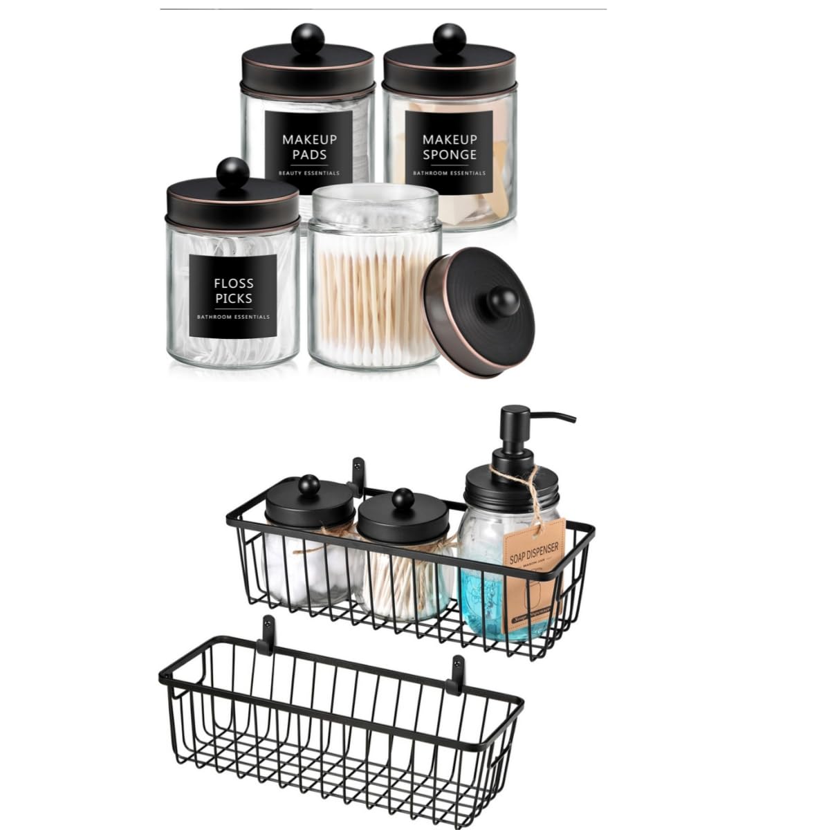 SheeChung Qtip Dispenser Holder 4pcs Glass Apothecary Jars with Stainless Steel Lids Stickers Farmhouse Decor Metal Wire Bathroom